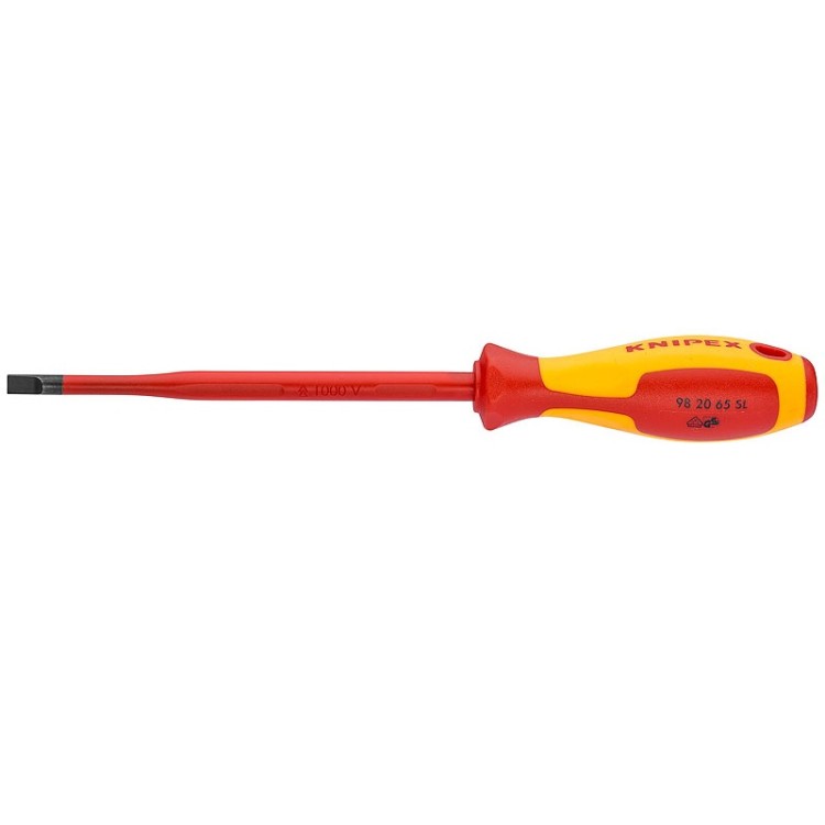 Отвертка KNIPEX SL4.0x0.8 шлицевая тонкая VDE, длина лезвия 100 мм, 202 мм, диэлектрическая, 2-компонентная рукоятка