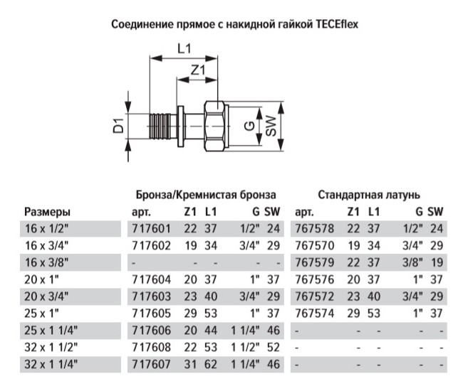 Соединение TECE TECEflex прямое с накидной гайкой 25 х 1 1/4, бронза
